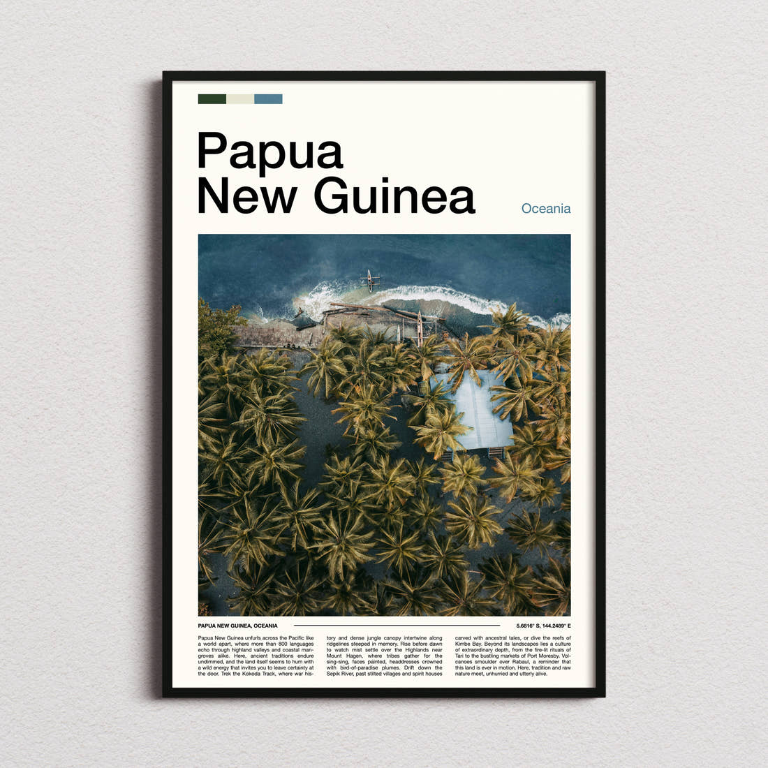 Papua New Guinea Aerial Coastal Village Travel Print framed and photographed straight on