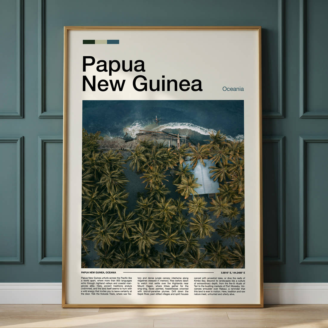 Papua New Guinea Aerial Coastal Village Travel Print framed on the wall of a calm, neutral bedroom