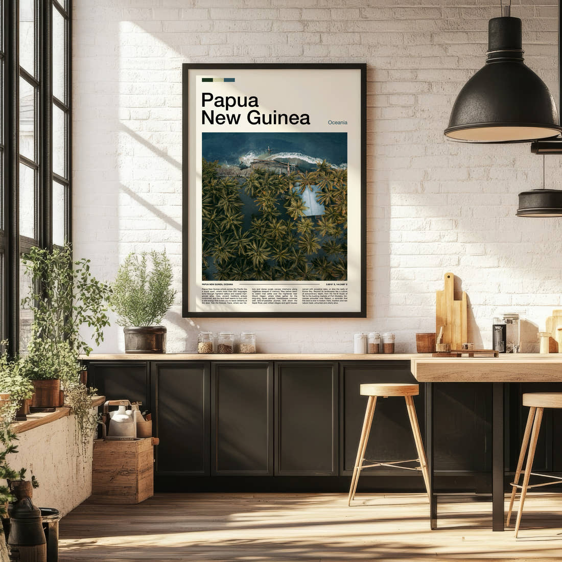 Papua New Guinea Aerial Coastal Village Travel Print framed on the wall of a bright kitchen and dining space