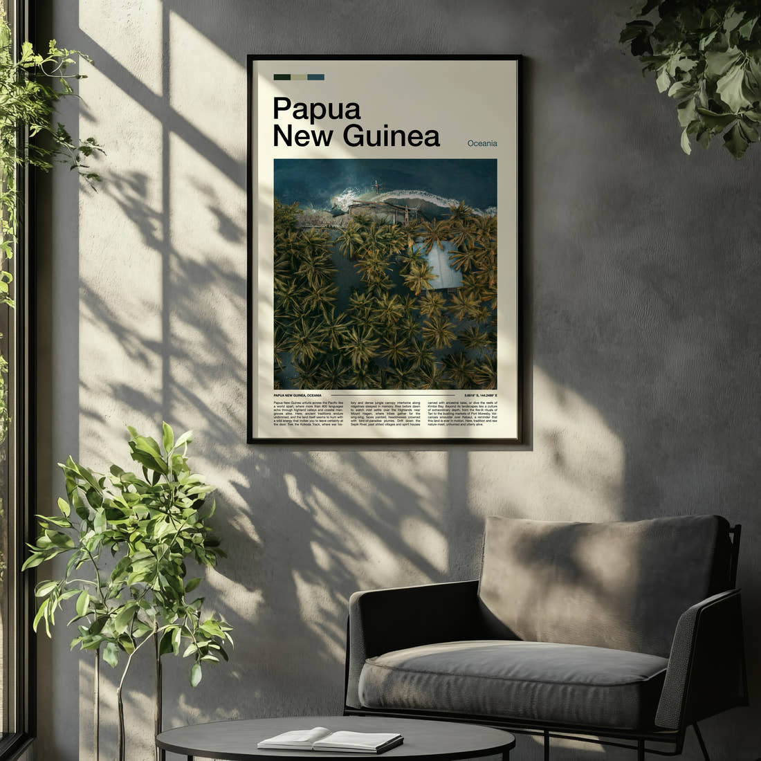 Papua New Guinea Aerial Coastal Village Travel Print framed on the wall of a relaxed living room