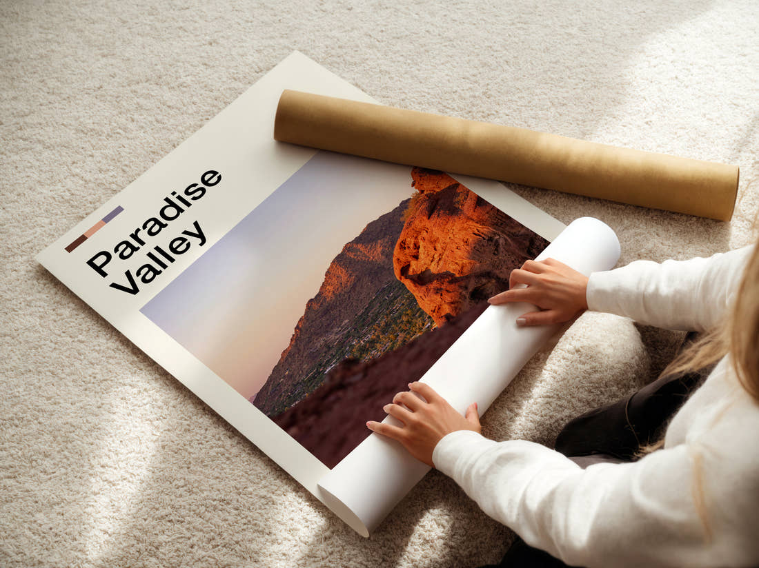 Paradise Travel Print being unrolled from its postal tube