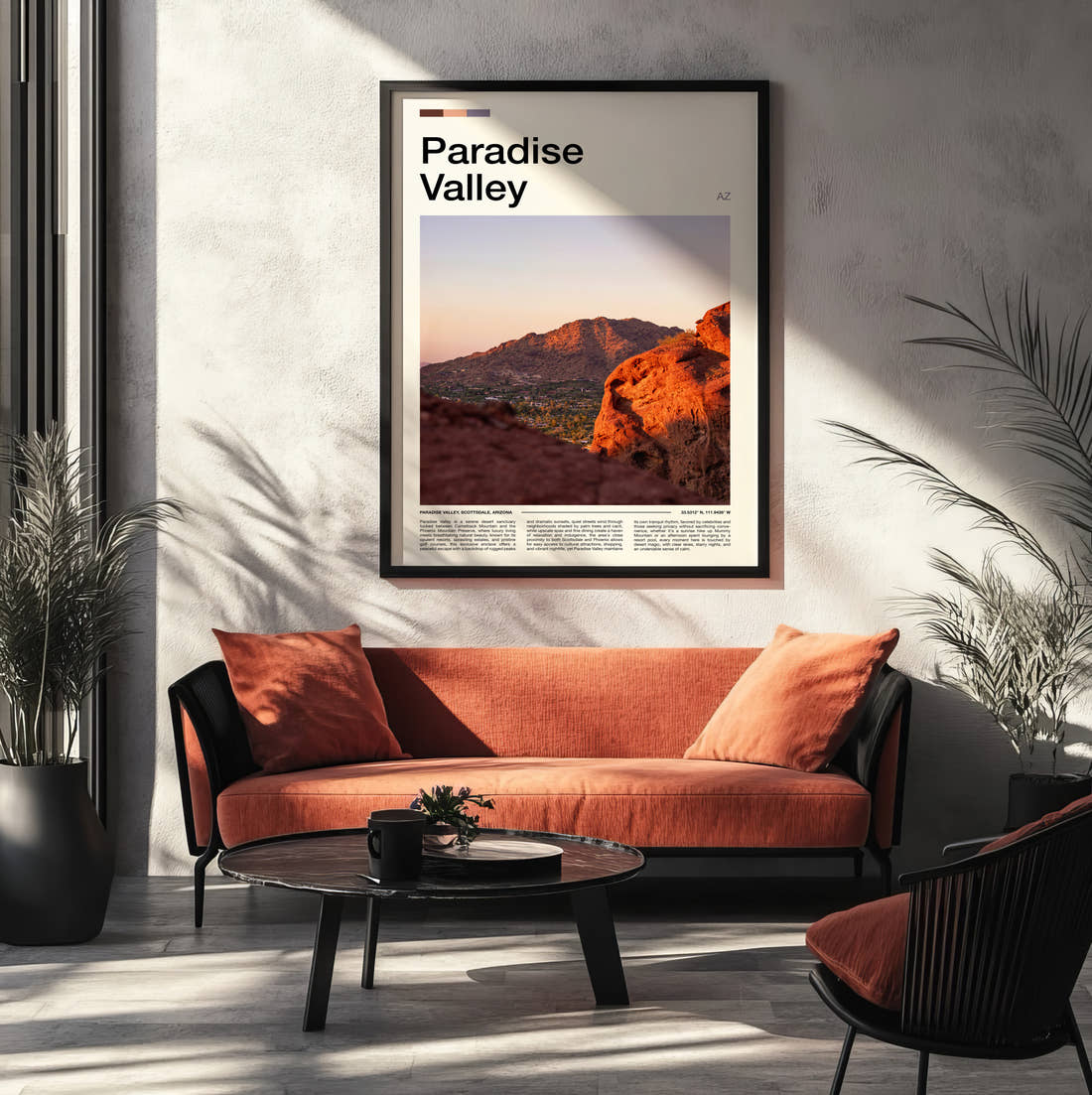 Paradise Travel Print framed on the wall of a modern living room