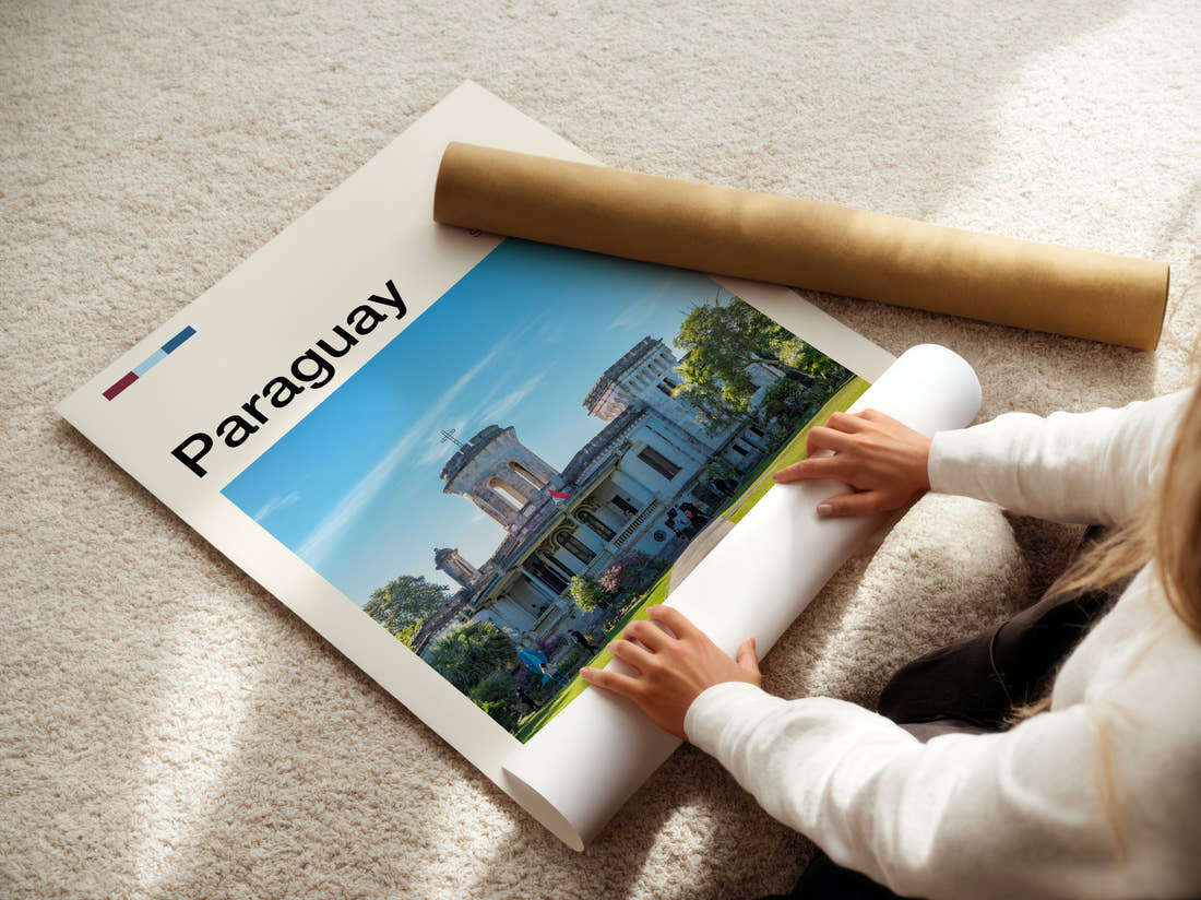 Paraguay Old Castle Travel Print being unrolled from its postal tube