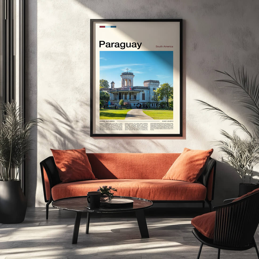 Paraguay Old Castle Travel Print framed on the wall of a modern living room