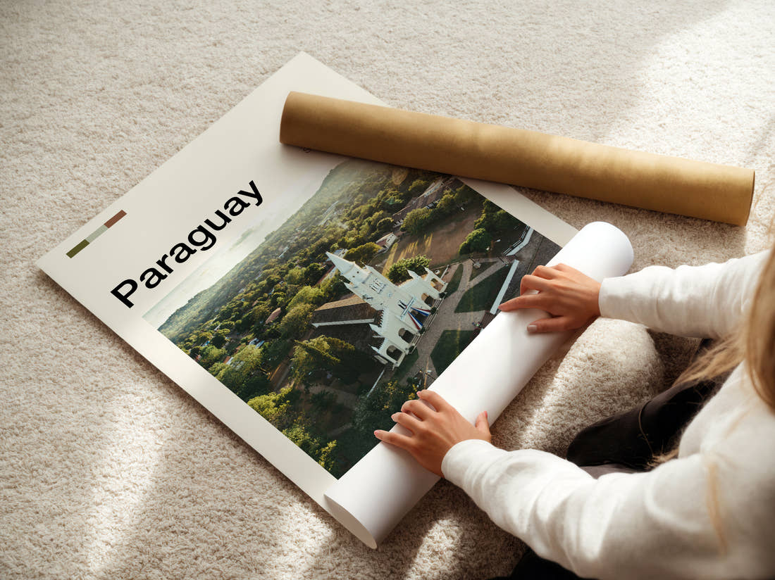 Paraguay White Church From Above Travel Print being unrolled from its postal tube