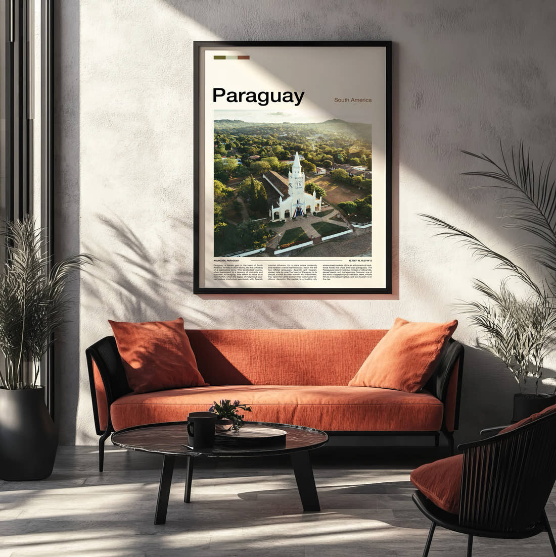 Paraguay White Church From Above Travel Print framed on the wall of a modern living room