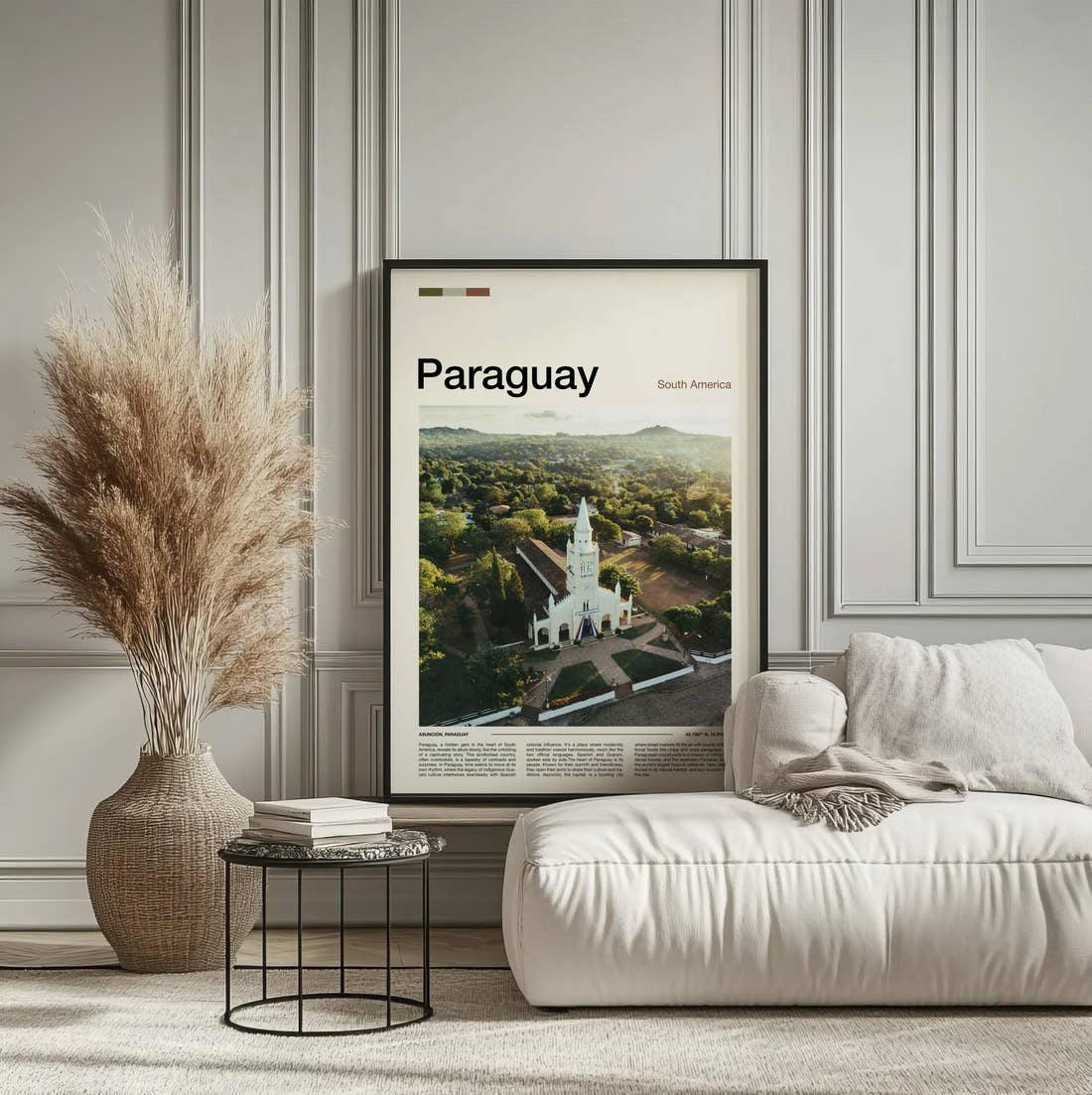 Paraguay White Church From Above Travel Print framed on the wall of a calm, neutral bedroom