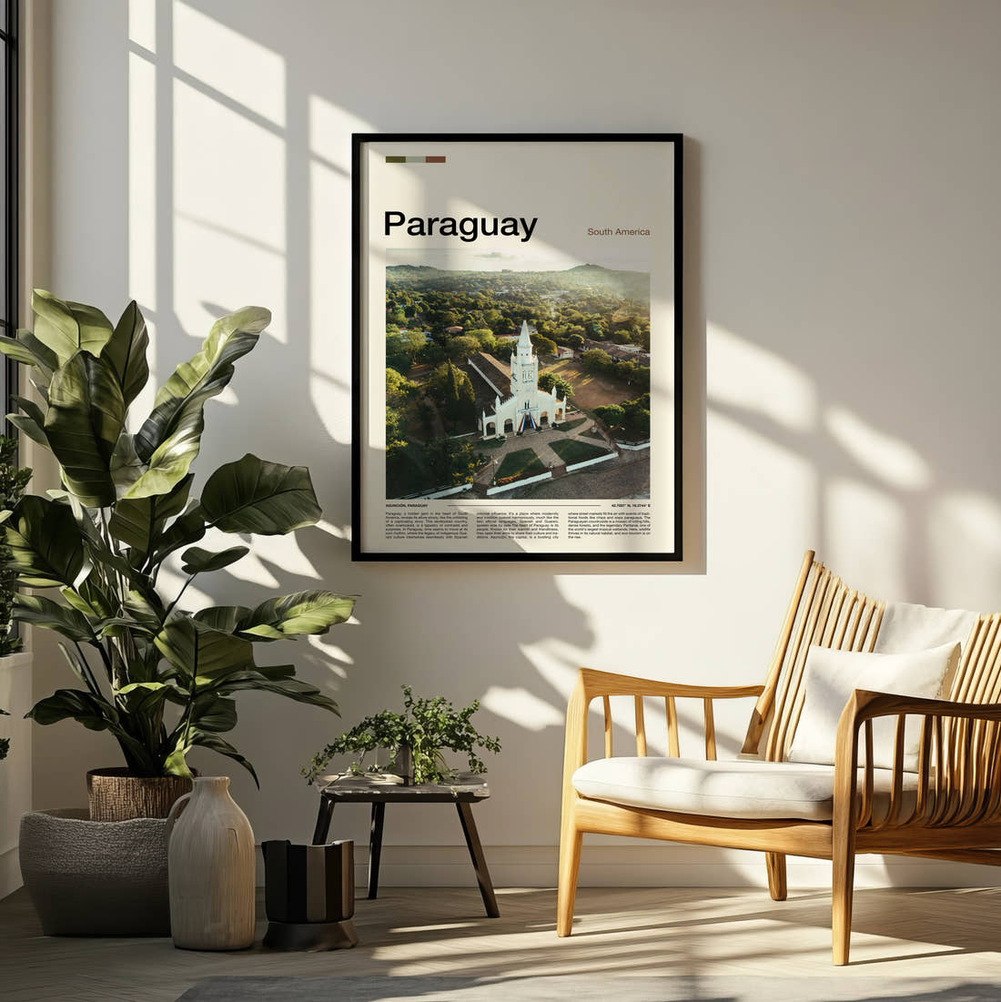 Paraguay White Church From Above Travel Print framed on a pale wall beside houseplants