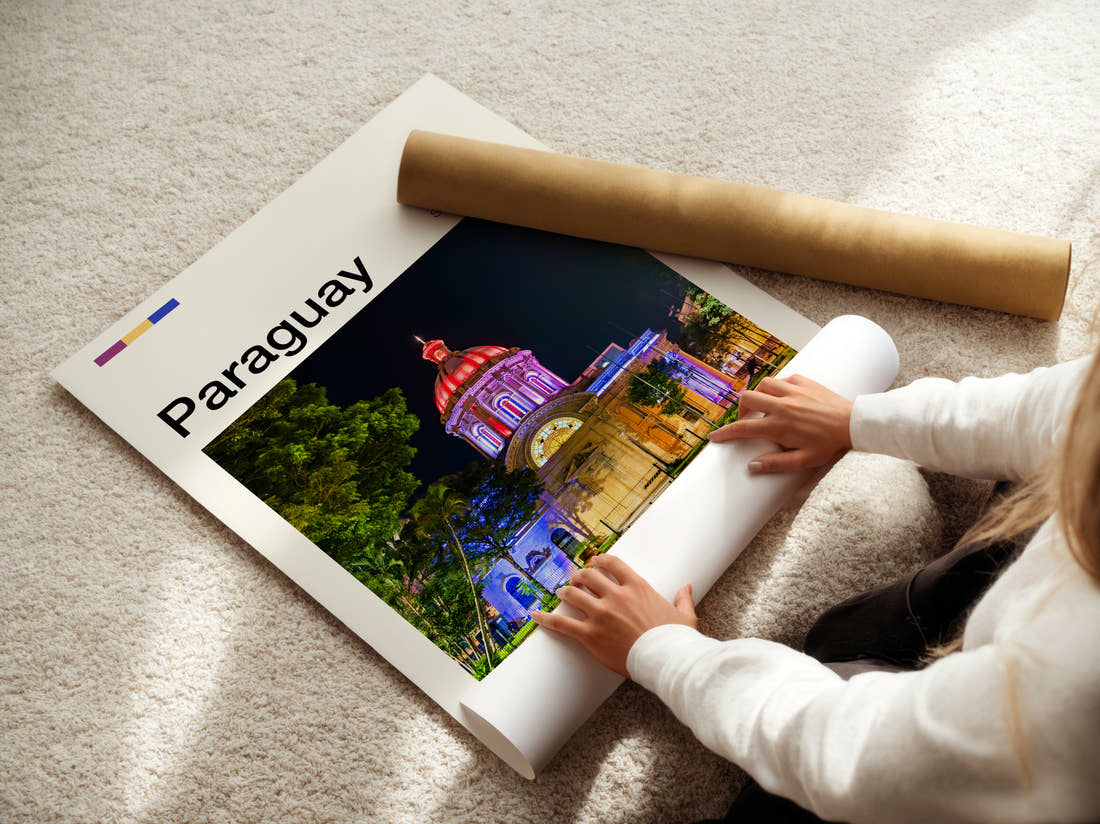 Paraguay Pantheon Of The Heroes Travel Print being unrolled from its postal tube