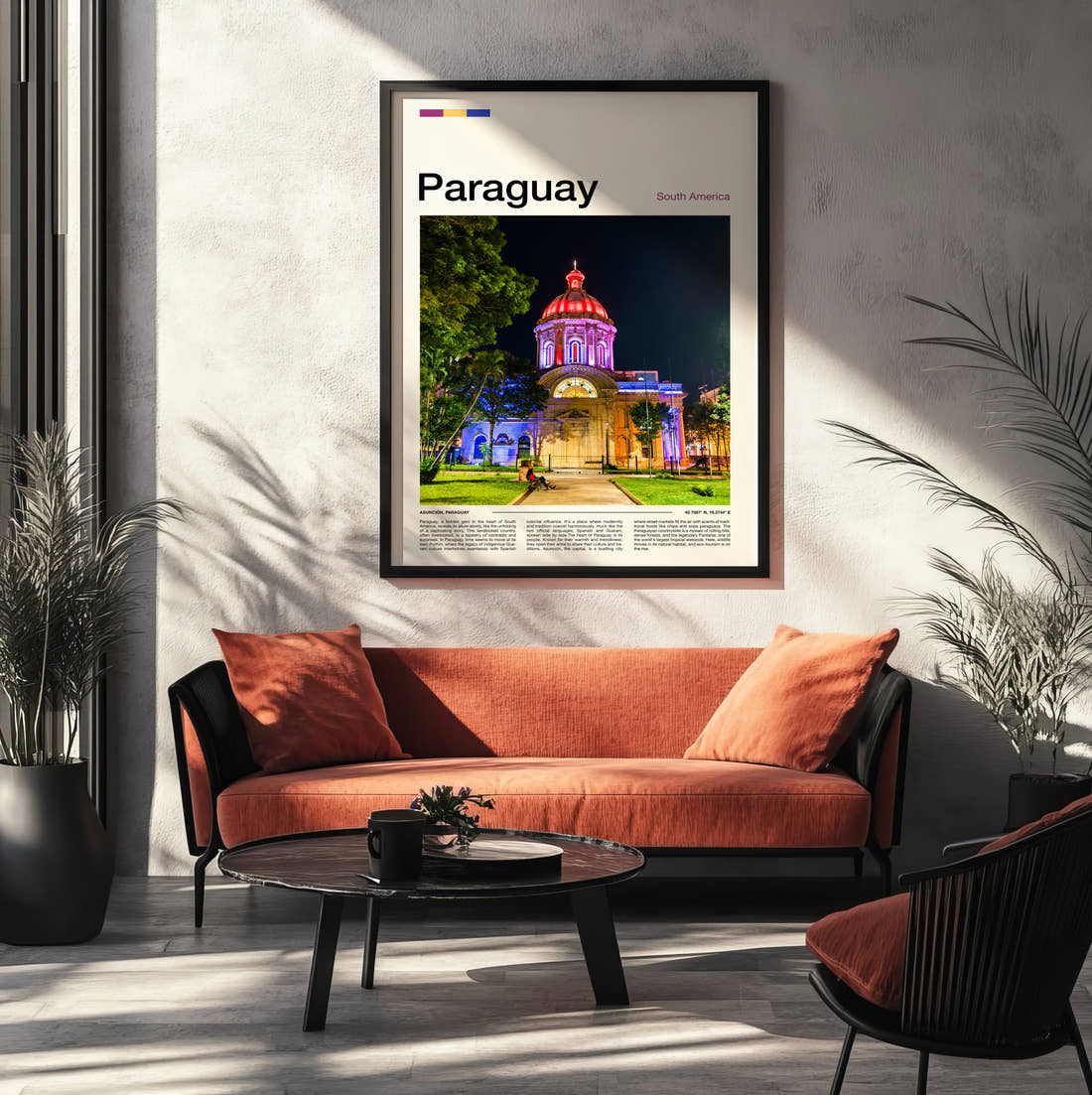 Paraguay Pantheon Of The Heroes Travel Print framed on the wall of a modern living room