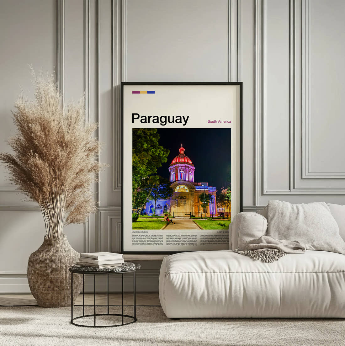 Paraguay Pantheon Of The Heroes Travel Print framed on the wall of a calm, neutral bedroom