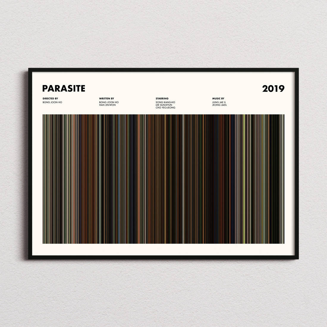 Parasite Movie Barcode Poster framed and photographed straight on