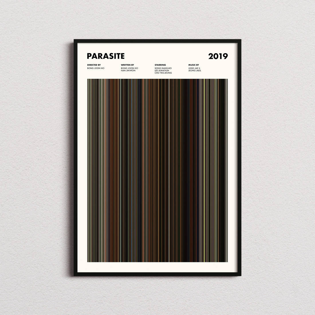 Parasite Movie Barcode Poster framed on a plain studio wall