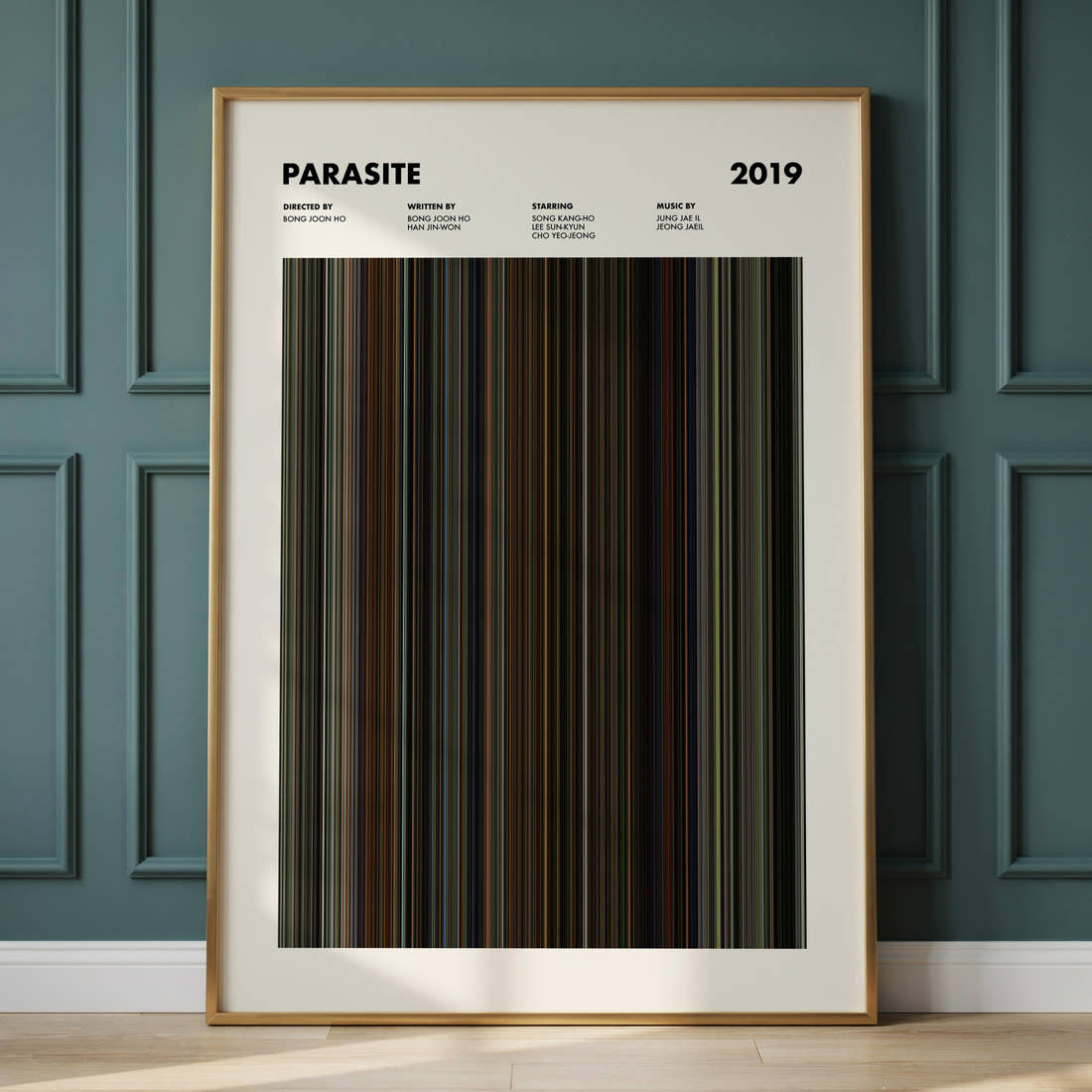 Parasite Movie Barcode Poster framed and leaning against a panelled wall