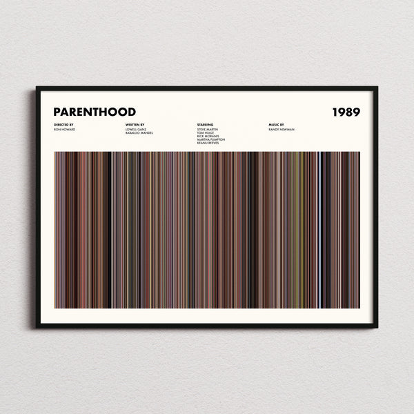 Parenthood Movie Barcode Poster framed and photographed straight on