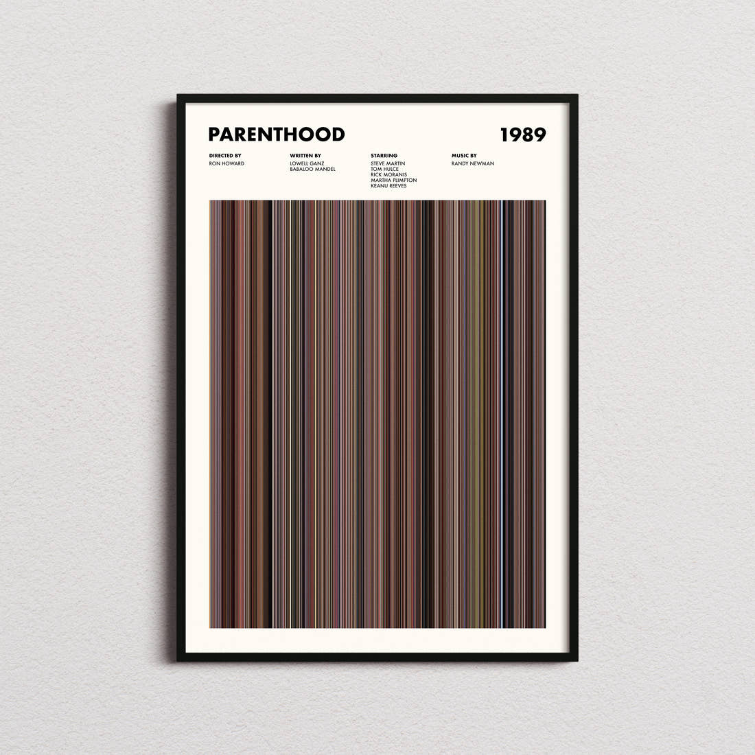Parenthood Movie Barcode Poster framed on a plain studio wall