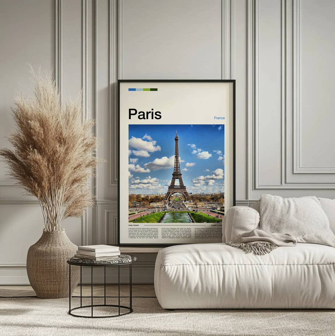Paris Eiffel Tower Under Blue Skies Travel Print framed on the wall of a calm, neutral bedroom
