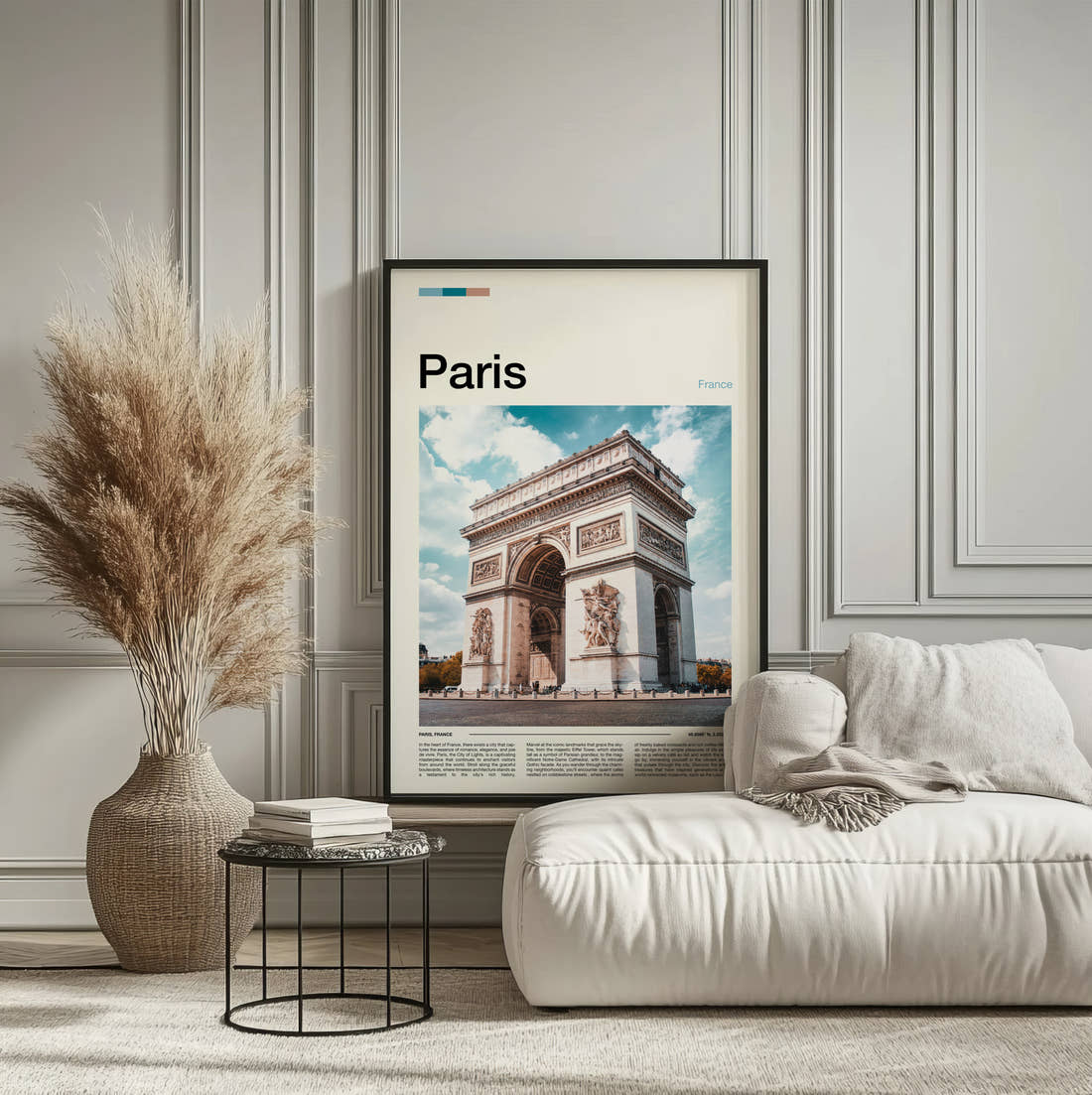 Paris Arc De Triomphe Travel Print framed on the wall of a calm, neutral bedroom