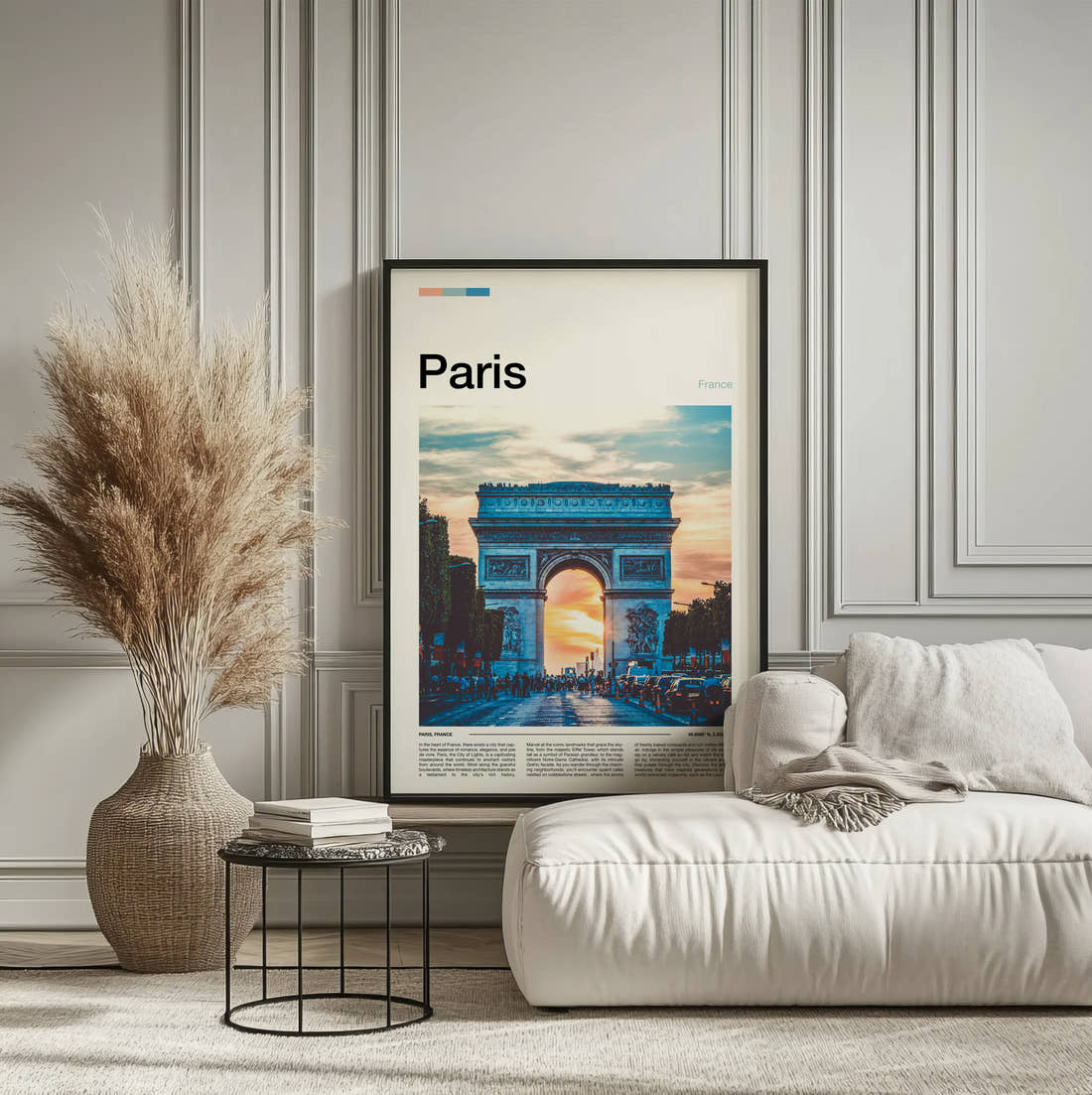 Paris Arc De Triomphe At Sunset Travel Print framed on the wall of a calm, neutral bedroom