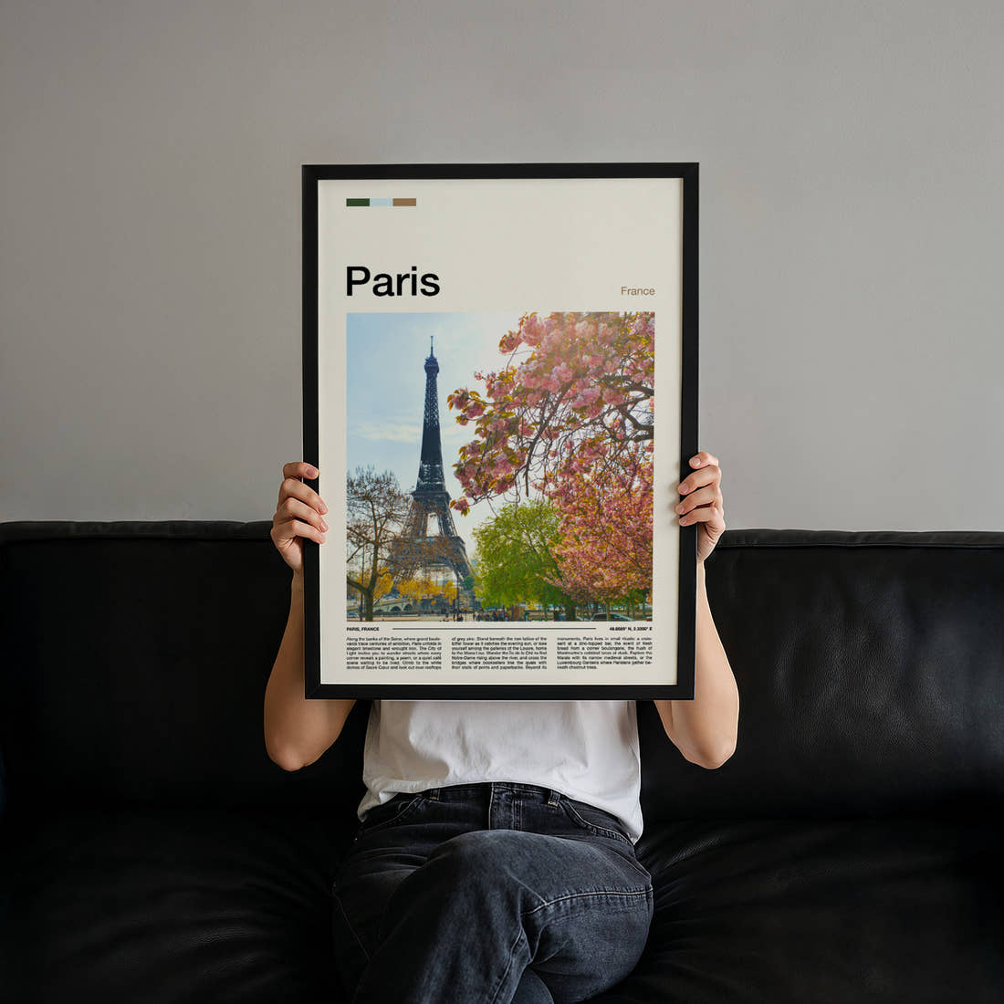 Paris Blossom-Framed Eiffel Tower Travel Print held up by hand to show the size of the print