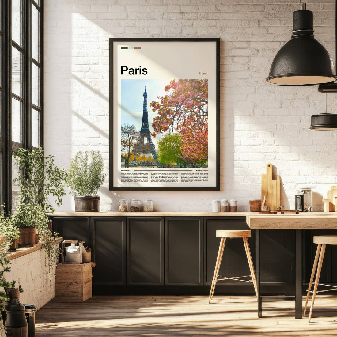 Paris Blossom-Framed Eiffel Tower Travel Print framed on the wall of a bright kitchen and dining space