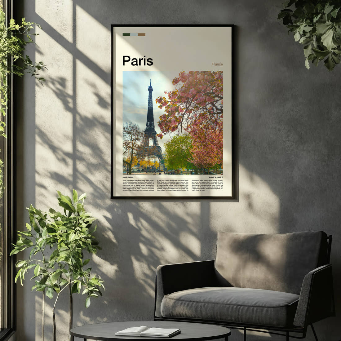 Paris Blossom-Framed Eiffel Tower Travel Print framed on the wall of a relaxed living room