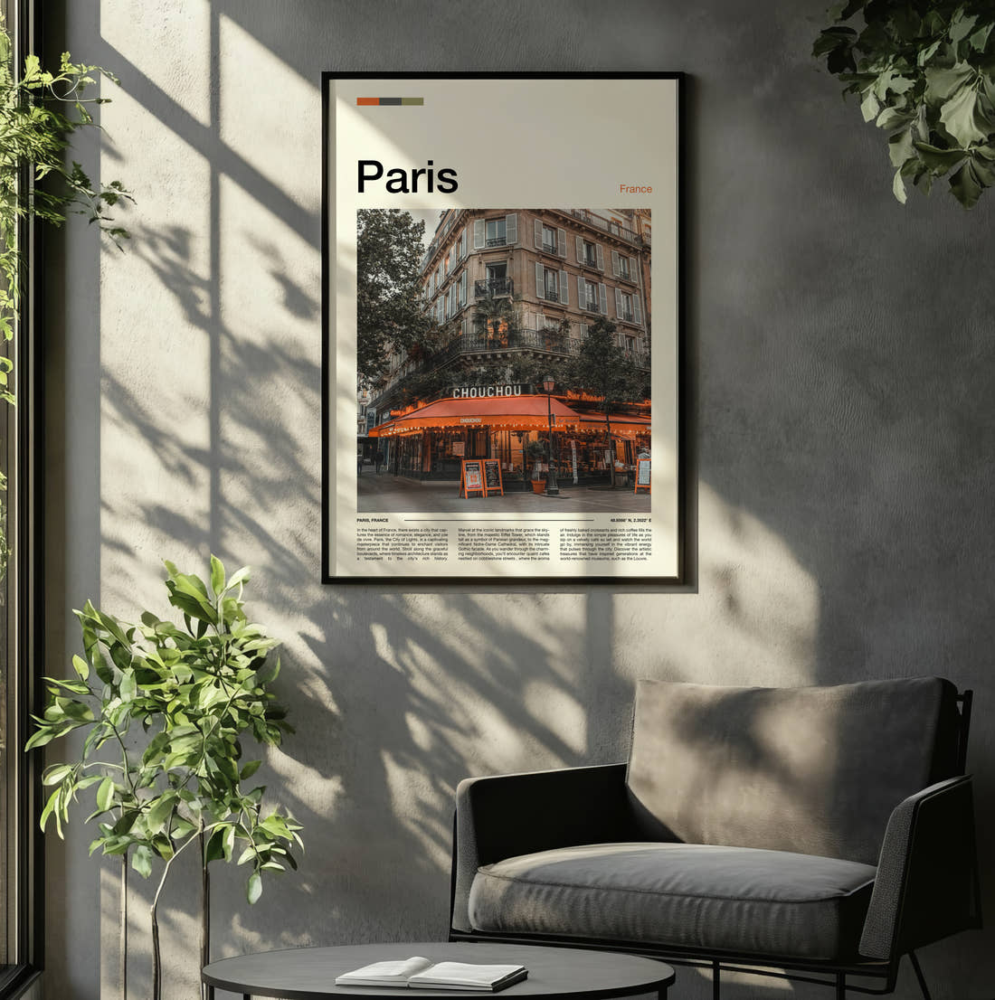 Paris Pavement Cafe Travel Print framed on the wall of a relaxed living room