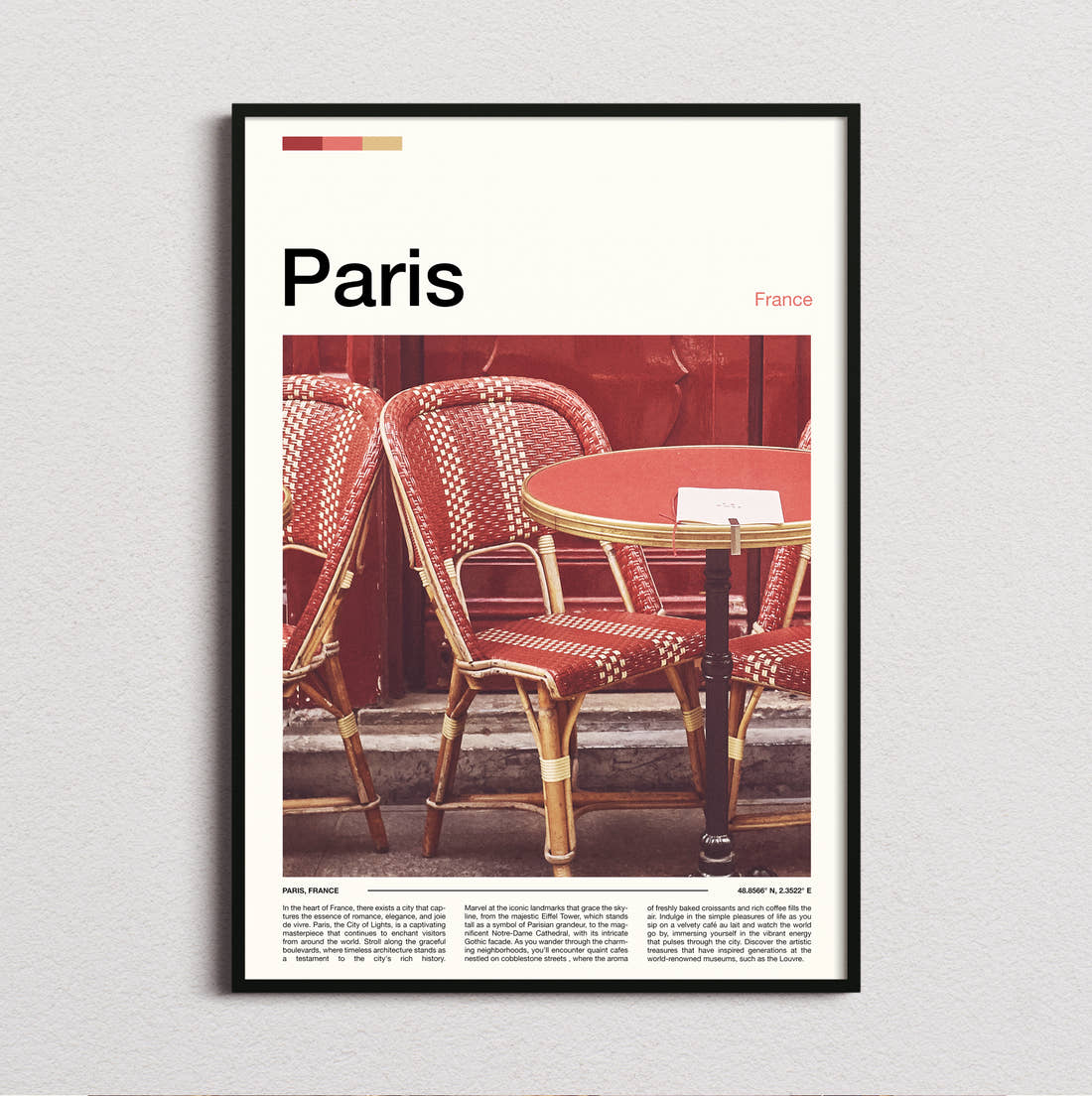 Paris Bistro Chairs Travel Print framed and photographed straight on