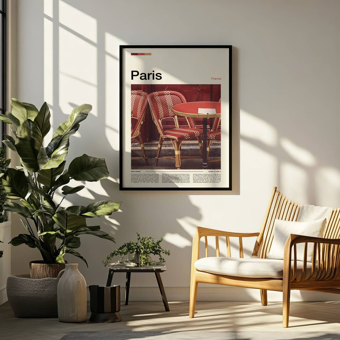 Paris Bistro Chairs Travel Print framed on a pale wall beside houseplants