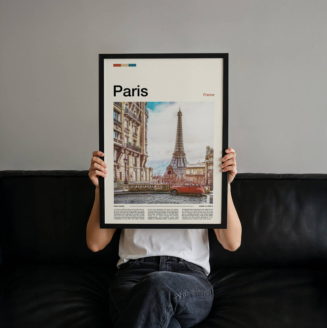 Paris Eiffel Tower And Vintage Car Travel Print held up by hand to show the size of the print
