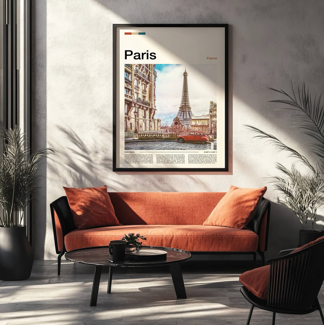 Paris Eiffel Tower And Vintage Car Travel Print framed on the wall of a modern living room