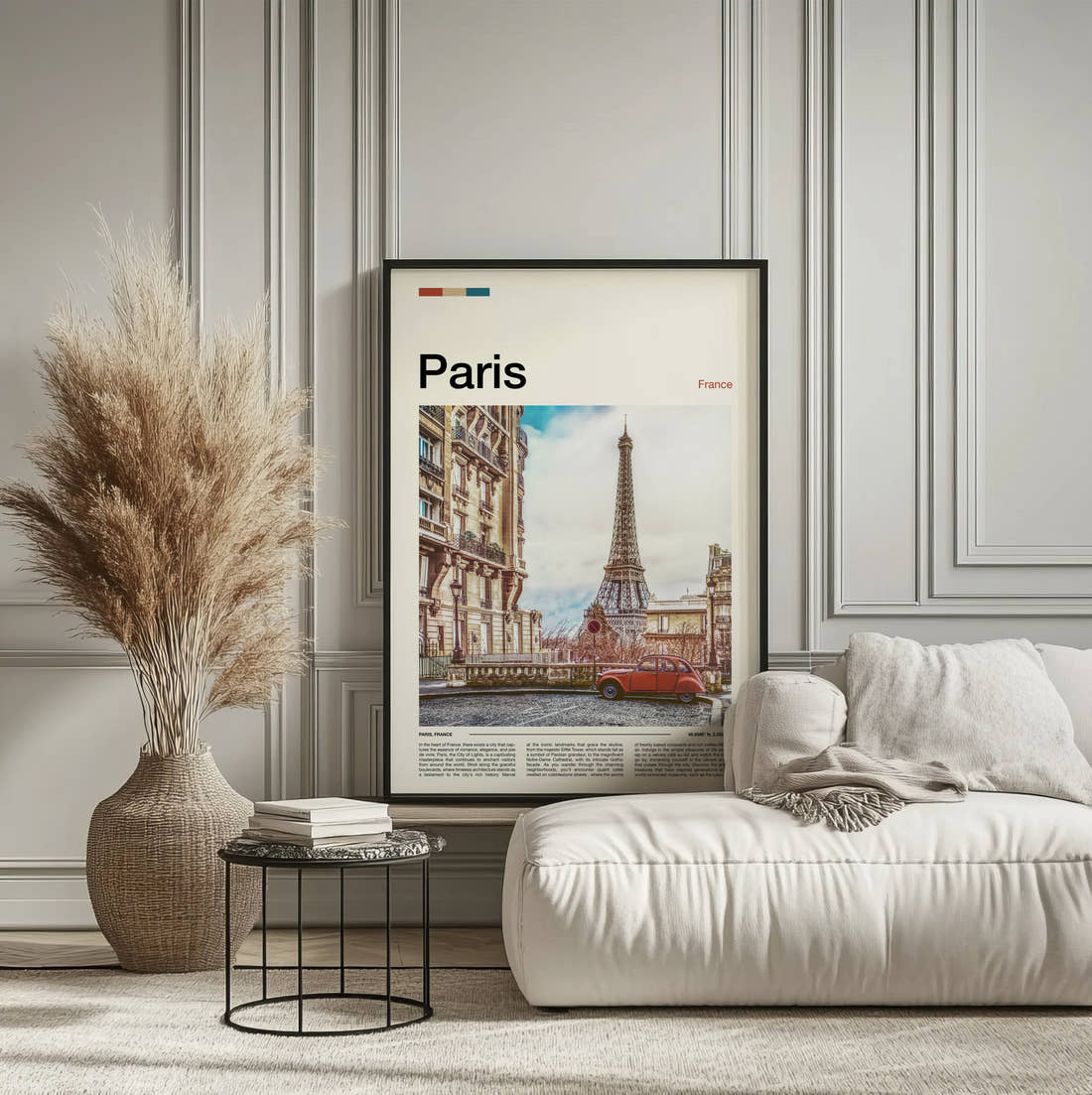 Paris Eiffel Tower And Vintage Car Travel Print framed on the wall of a calm, neutral bedroom