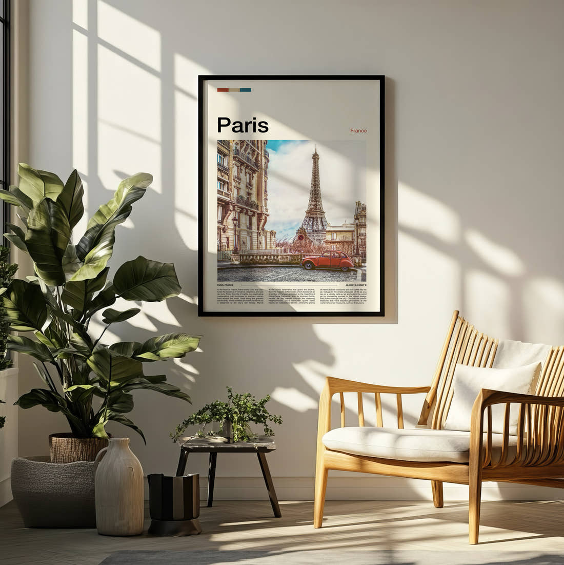 Paris Eiffel Tower And Vintage Car Travel Print framed on a pale wall beside houseplants