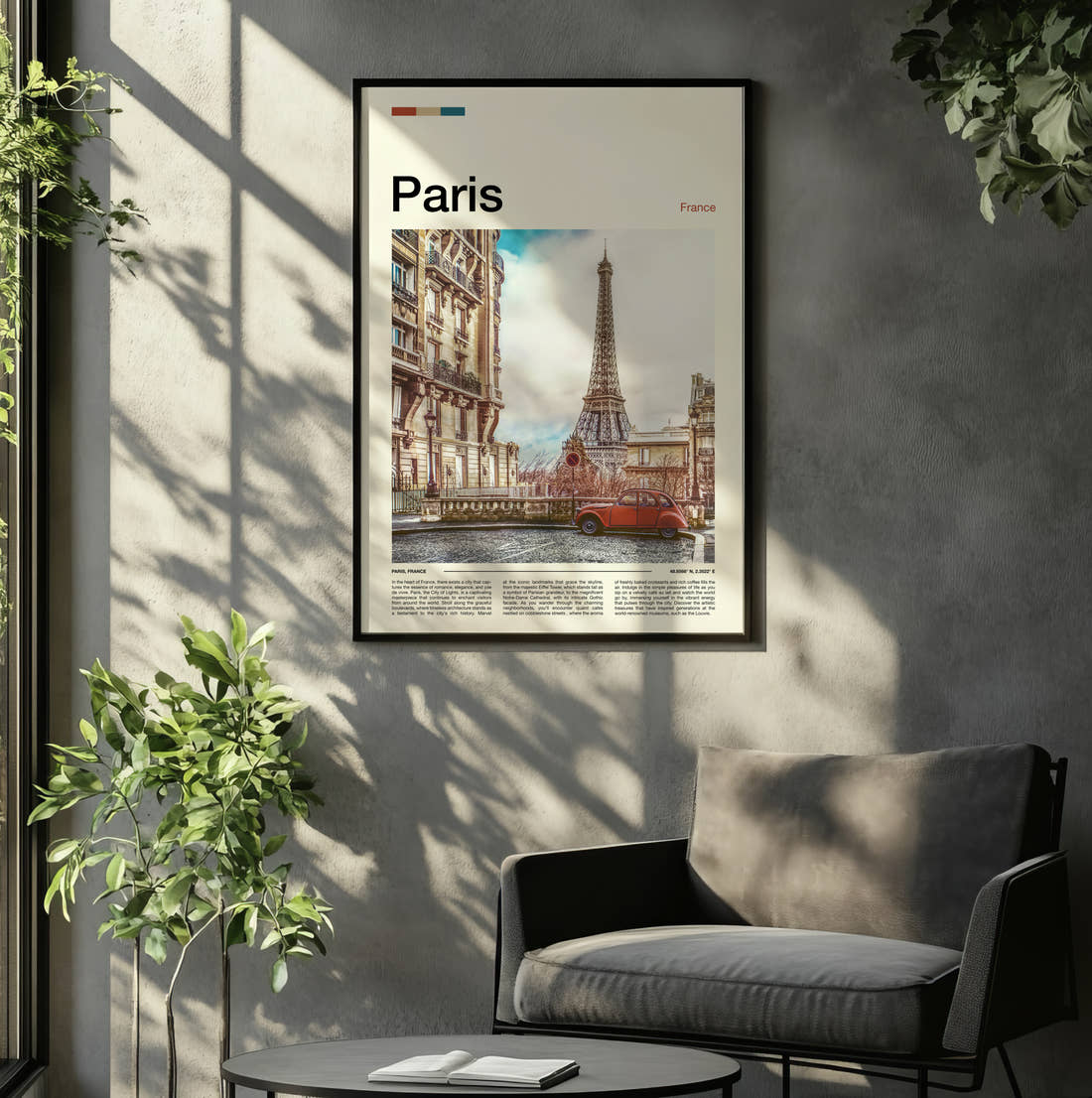 Paris Eiffel Tower And Vintage Car Travel Print framed on the wall of a relaxed living room