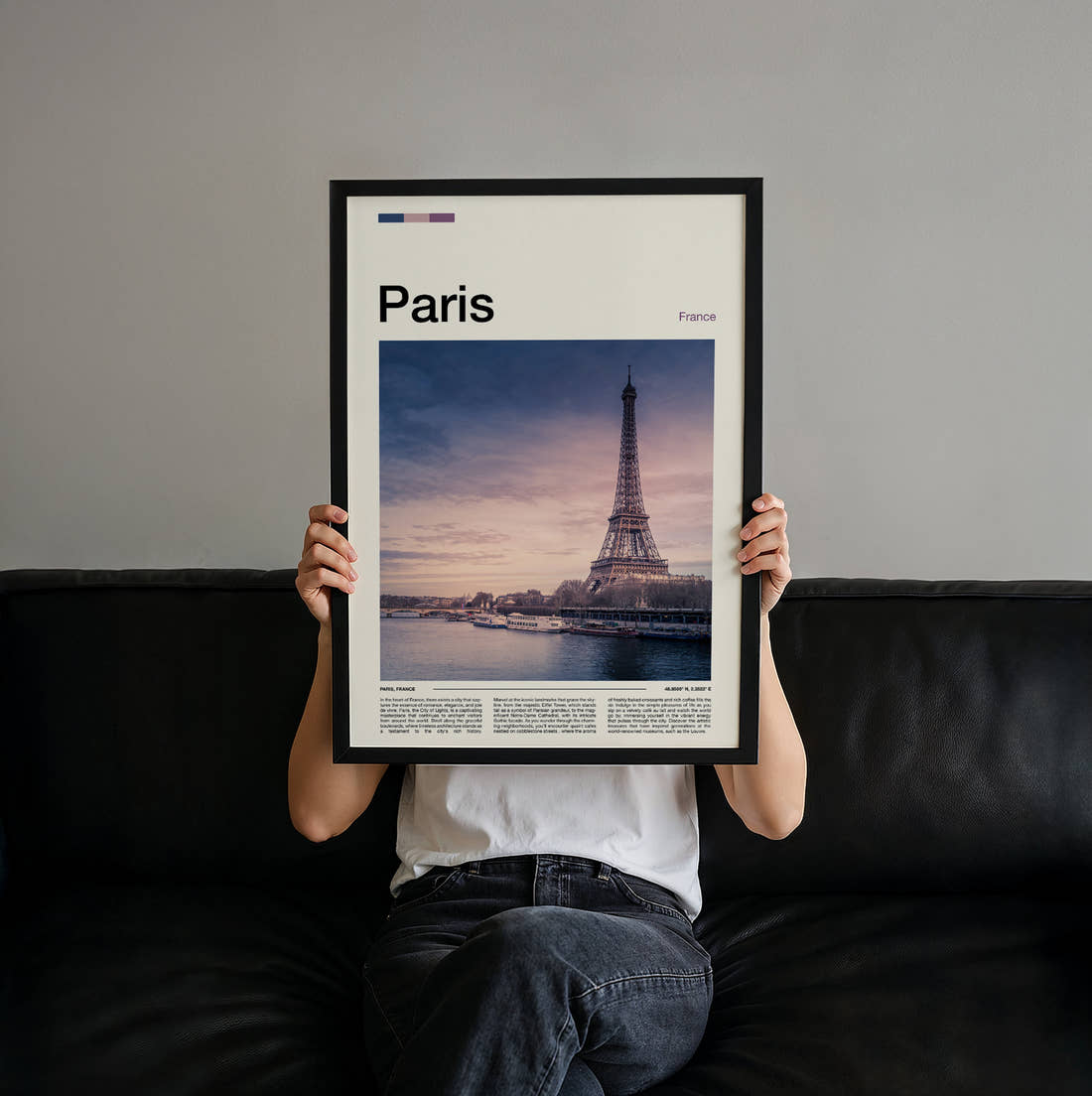 Paris Eiffel Tower Over The Seine Travel Print held up by hand to show the size of the print