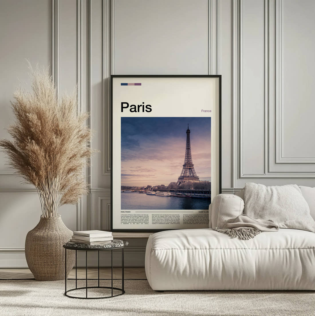 Paris Eiffel Tower Over The Seine Travel Print framed on the wall of a calm, neutral bedroom