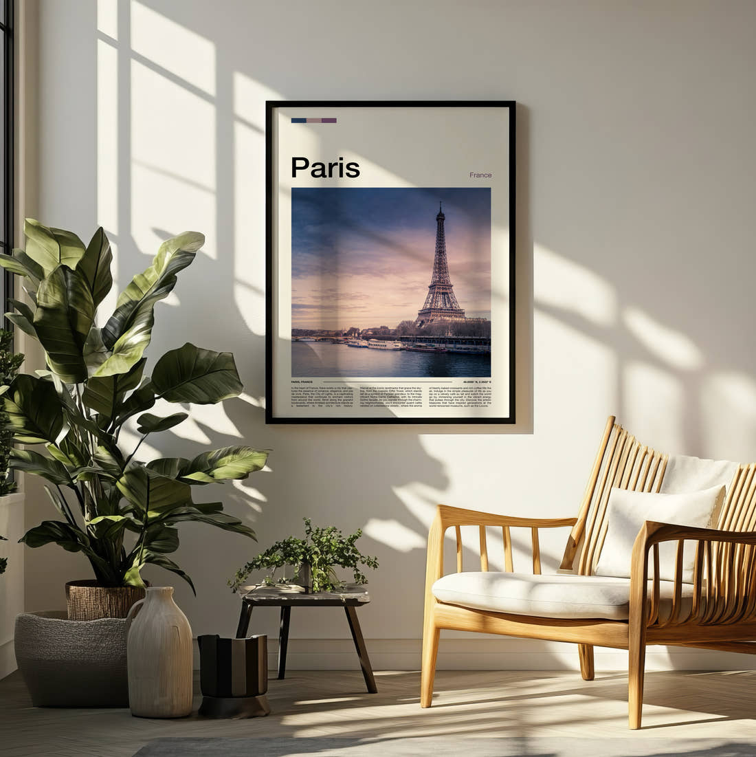 Paris Eiffel Tower Over The Seine Travel Print framed on a pale wall beside houseplants