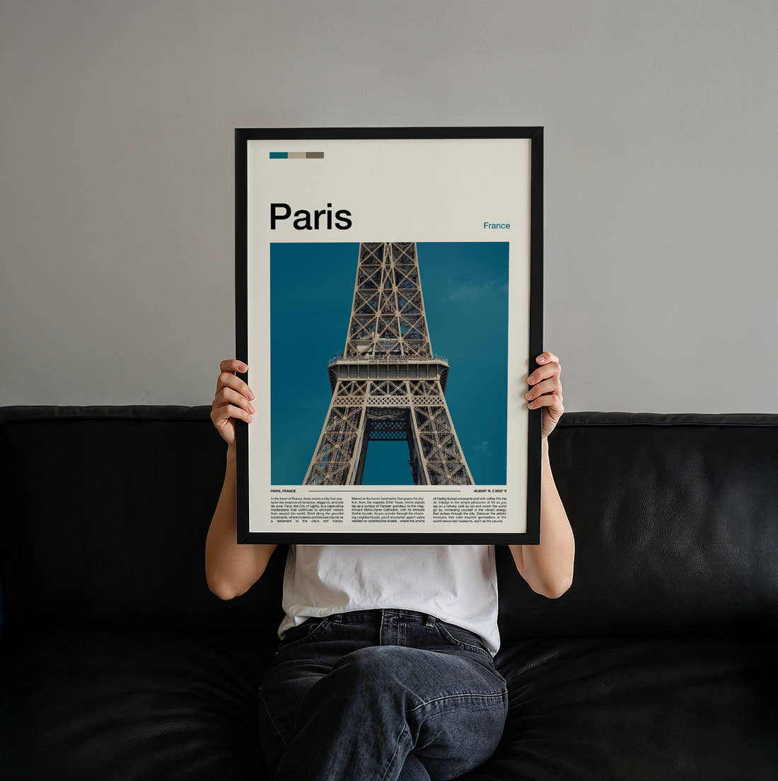 Paris Eiffel Tower Close-Up Travel Print held up by hand to show the size of the print