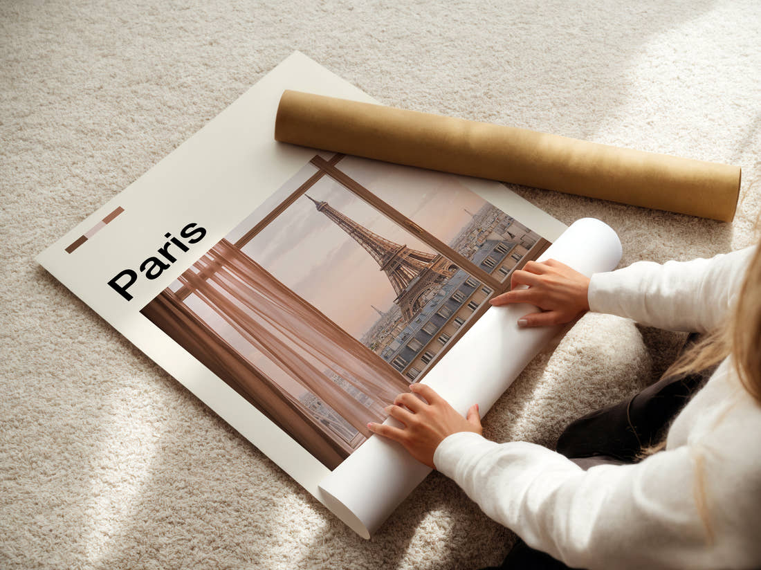 Paris Eiffel Tower Through Window Travel Print being unrolled from its postal tube