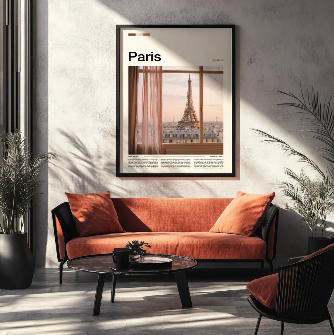 Paris Eiffel Tower Through Window Travel Print framed on the wall of a modern living room