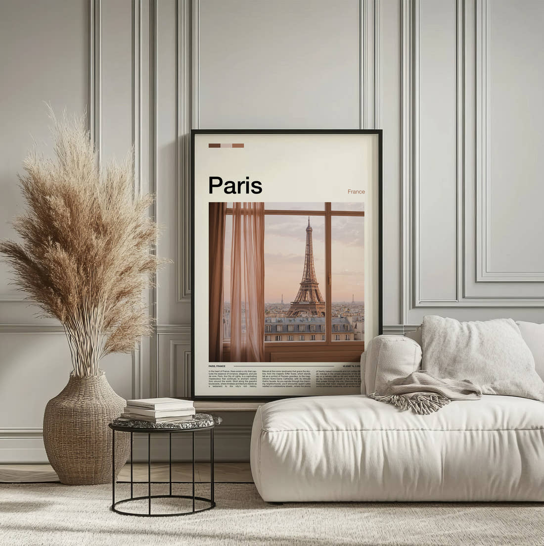 Paris Eiffel Tower Through Window Travel Print framed on the wall of a calm, neutral bedroom