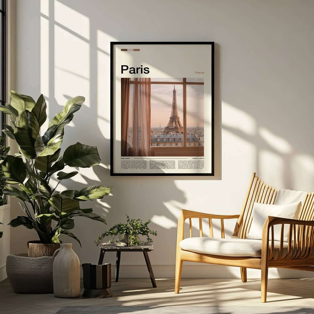 Paris Eiffel Tower Through Window Travel Print framed on a pale wall beside houseplants