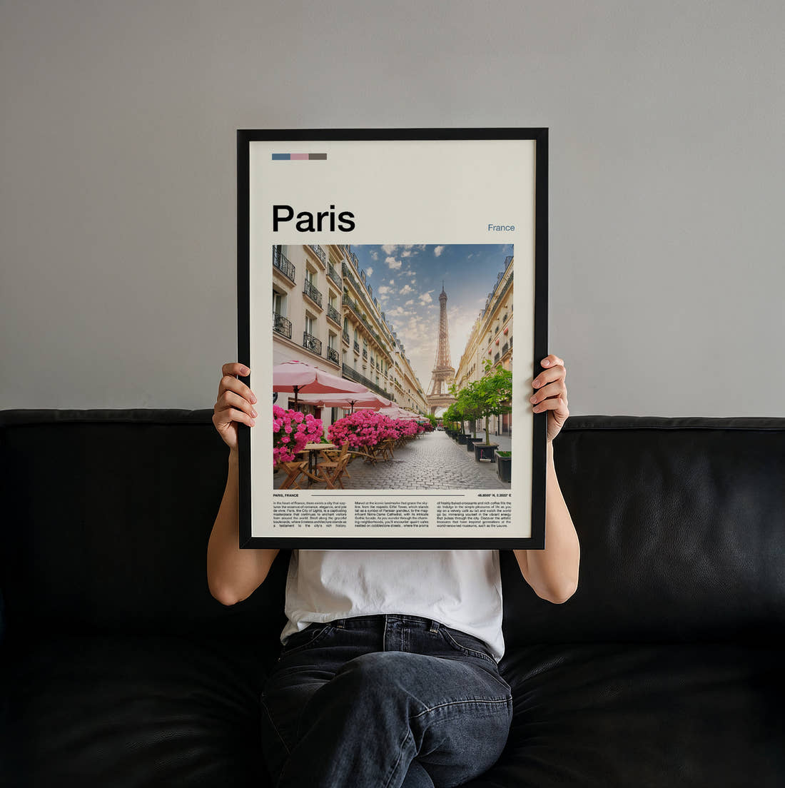 Paris Eiffel Tower And Blossom Travel Print held up by hand to show the size of the print