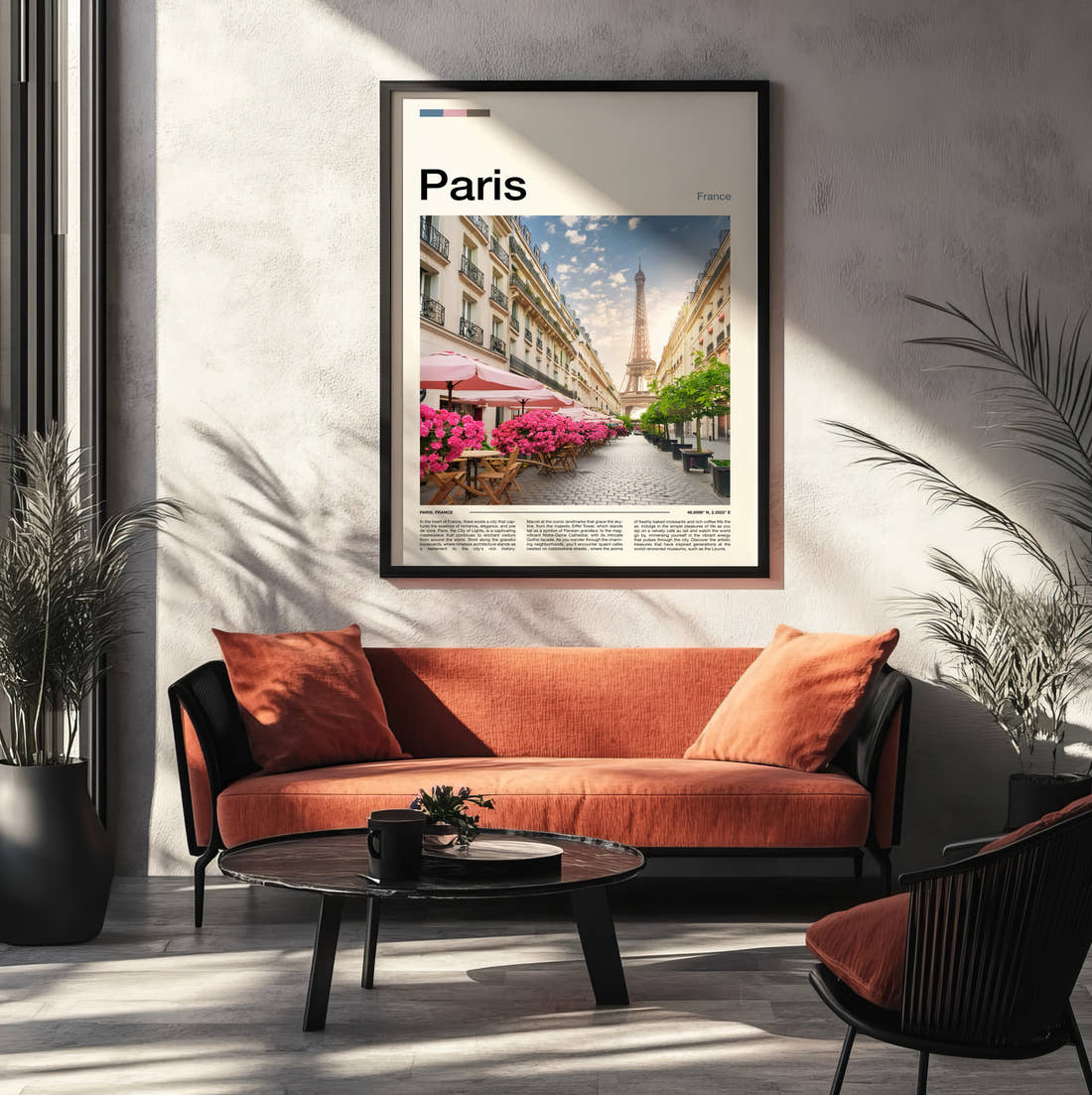 Paris Eiffel Tower And Blossom Travel Print framed on the wall of a modern living room