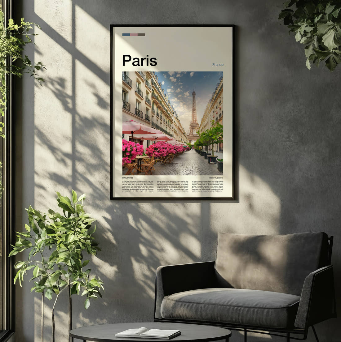 Paris Eiffel Tower And Blossom Travel Print framed on the wall of a relaxed living room
