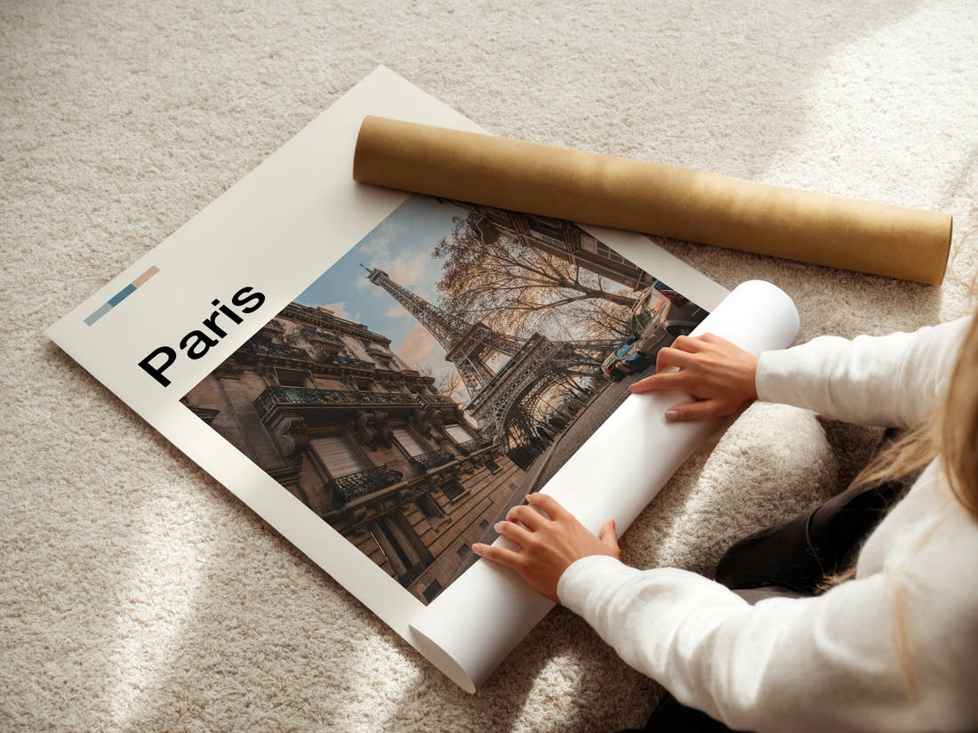 Paris Eiffel Tower From The Street Travel Print being unrolled from its postal tube