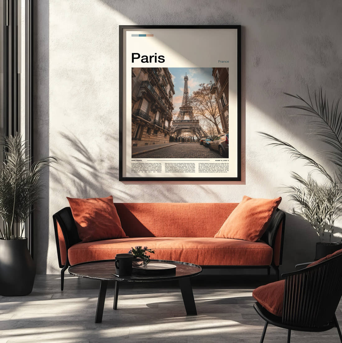 Paris Eiffel Tower From The Street Travel Print framed on the wall of a modern living room