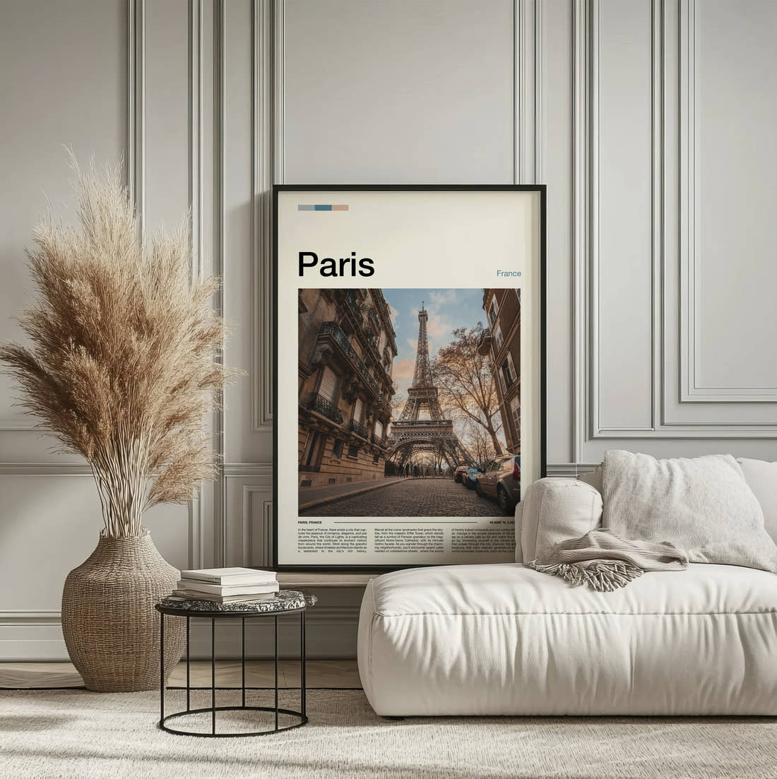 Paris Eiffel Tower From The Street Travel Print framed on the wall of a calm, neutral bedroom