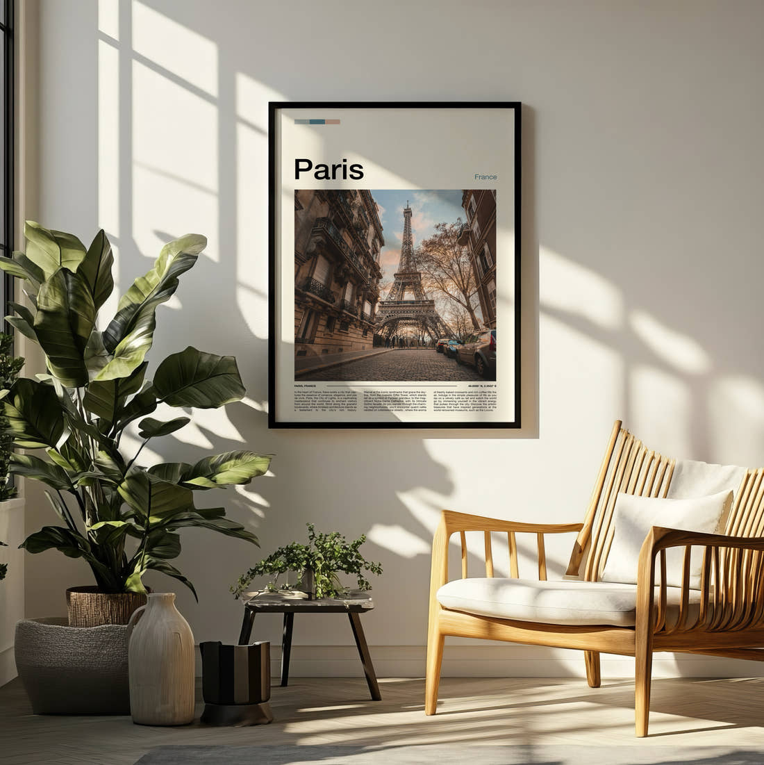 Paris Eiffel Tower From The Street Travel Print framed on a pale wall beside houseplants