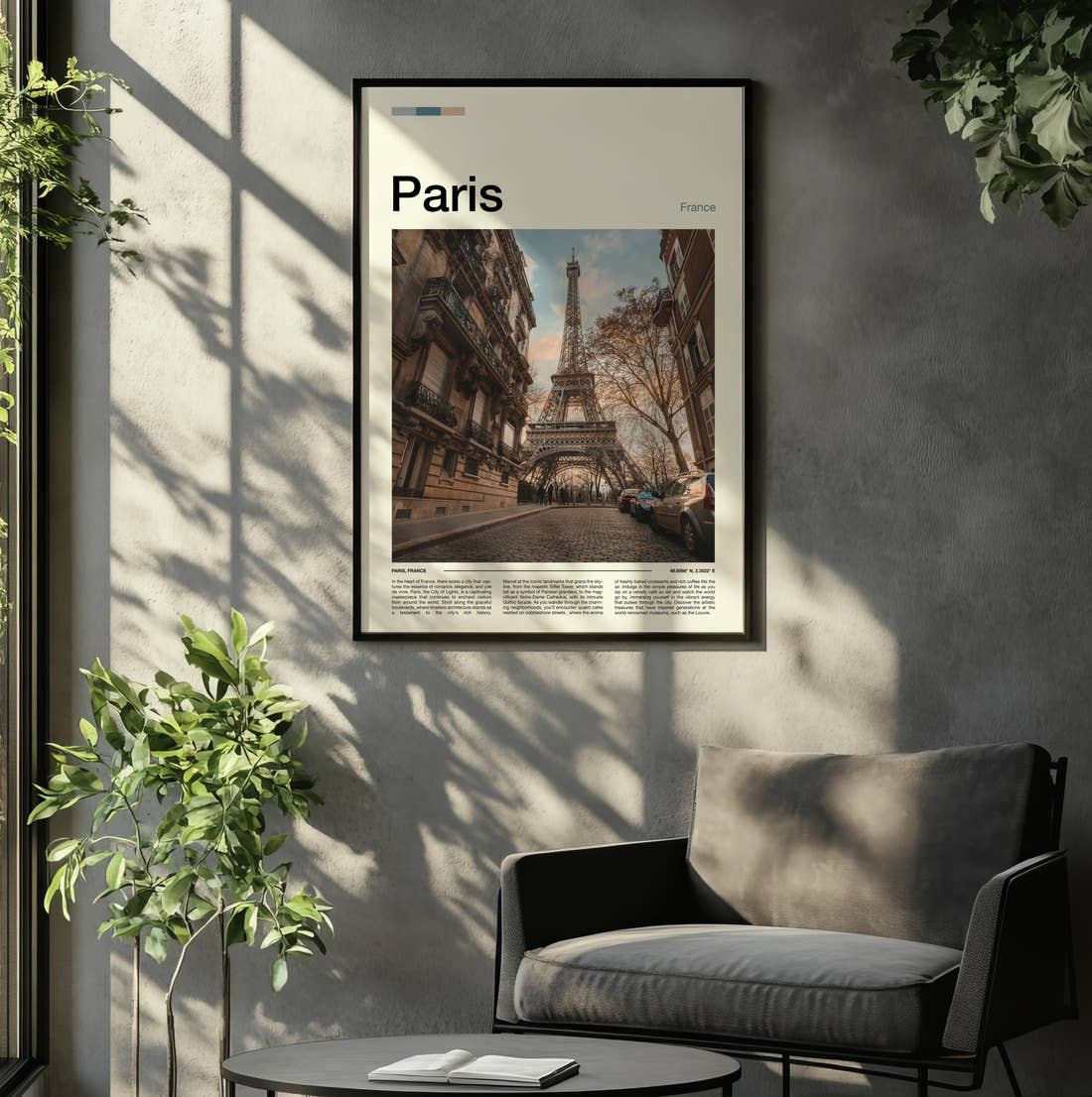 Paris Eiffel Tower From The Street Travel Print framed on the wall of a relaxed living room